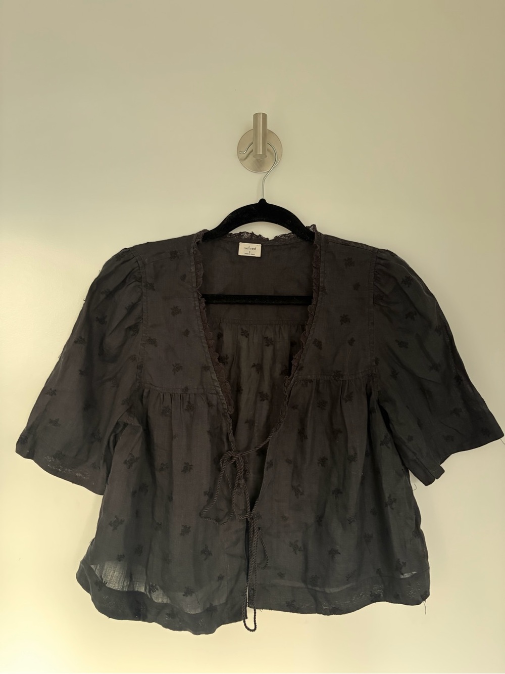 Aritzia Wilfred Black Embroidered Tie-Front Blouse S